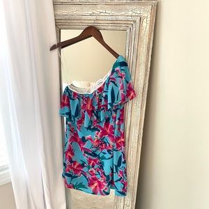 Tropical one-shoulder blue and pink dress